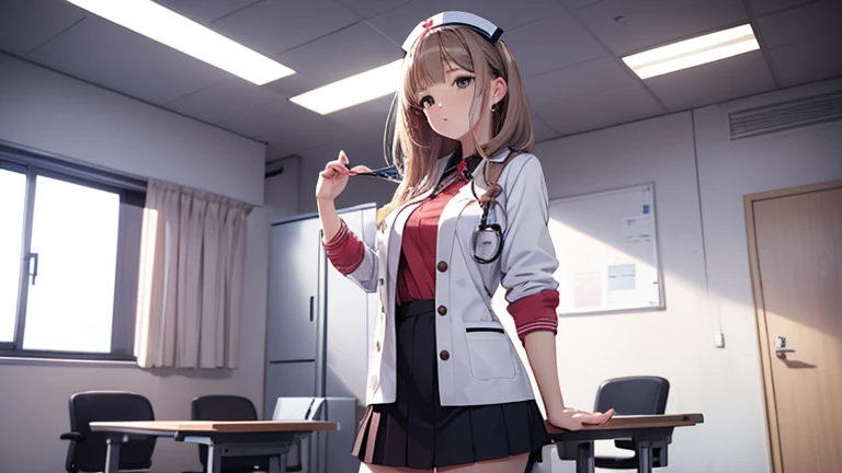 A nurse in a mini skirt、While striking a stylish pose in the examination room、A scene that exudes calm and adult sexiness。Her serious expression and soft atmosphere create a contrast。