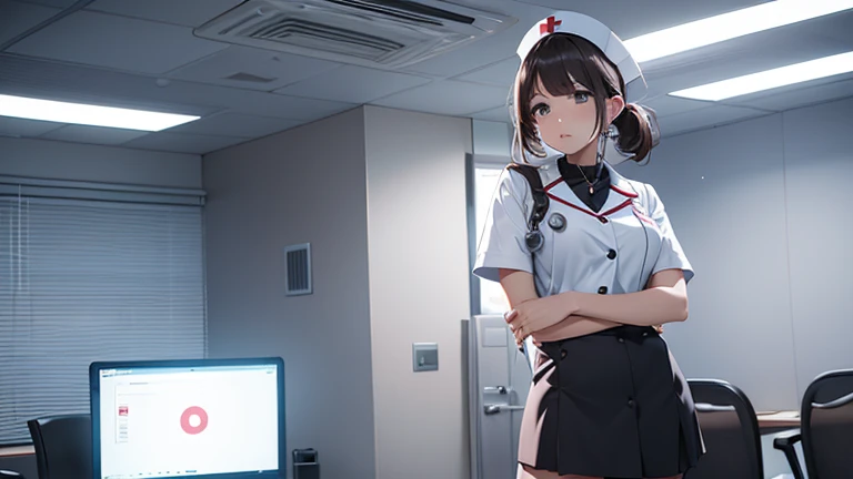 A nurse in a mini skirt、While striking a stylish pose in the examination room、A scene that exudes calm and adult sexiness。Her serious expression and soft atmosphere create a contrast。