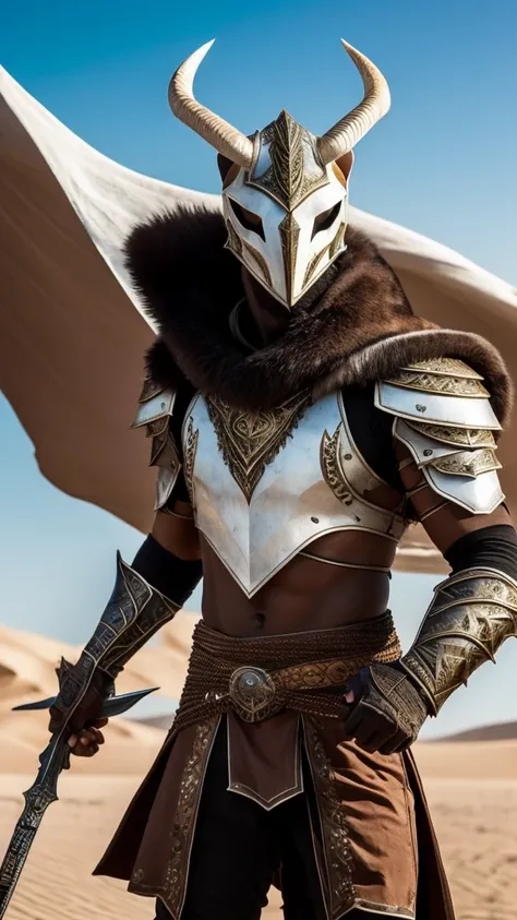 Imagine a towering, muscular warrior with the head of a majestic Arabian Oryx. His long, straight horns sweep back, while his powerful body is fully covered in sleek, white fur that matches the snowy color of his Oryx head, blending with the desert sands. ...