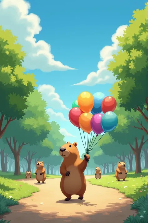 Image of a alone capybara entering a park with colorful balloons in its hand, while others capybara a playing at park, everyone is avoiding lonely one, a broad day light sky