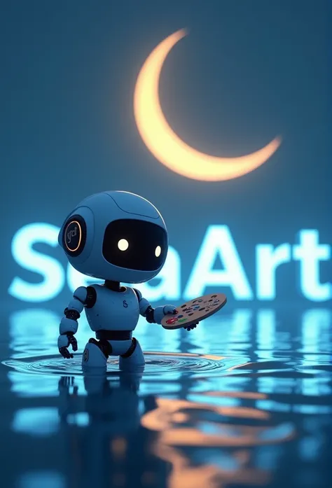 (Realistic: 1.4), Official Art, Highly detailed, Finely detailed details, (Cinematic Angle), (Film Grain: 1.2), Cinematic Lighting, Beautiful and Aesthetic, Top Quality, (Cool Light: 1.5), White Night, Golden Crescent Moon on the Water, Cute AI Robot Chara...