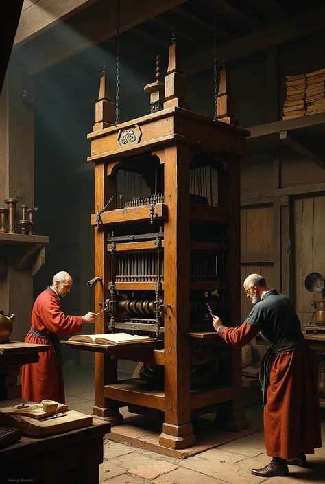 Create the image that represents the Gutenberg printing press based on paintings from the 17th century