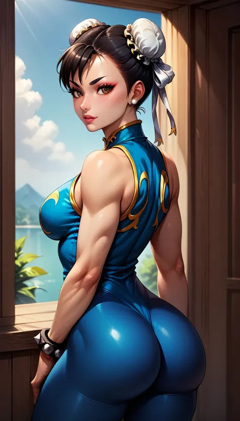 score_9, score_8_up, score_7_up, break, score_9, 1girl, chun-li (\street fighter)\, black hair, brown eyes, makeup, eyelashes, s...