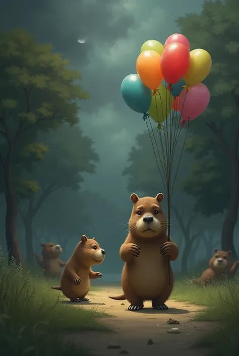 Image of a alone capybara entering a park with colorful balloons in its hand, while others capybara a playing at park, everyone is avoiding lonely one, a dark atmosphere and sky, the couple capybara are holding their hands together