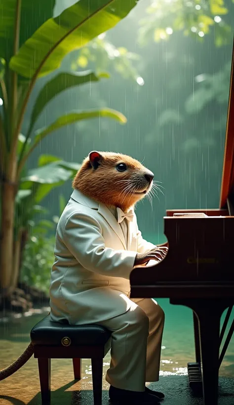 A beaver wearing a smart white suit and a white bow tie is playing the piano under a banana tree near a pond in the rain. 