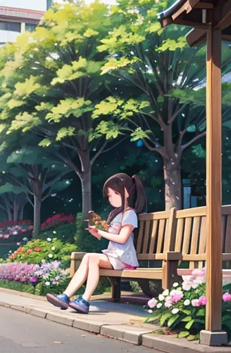 A girl sitting on a park bench and eating lunch。The background is a flower bed、This flower is a baby&#39;s breath、Carnation（Pink Girlfriend）、Lily flower（yellow）、Freesia（Blanche）flowering,Large Breasts