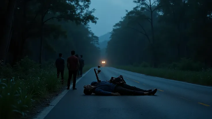 A Thai man was found dead next to a motorcycle that was falling on a paved road with forest on both sides at night with five people watching. 8k  