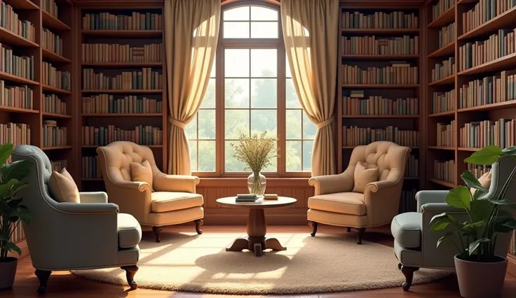 A cozy reading room with a small round tea table in the center, surrounded by comfortable chairs and bookshelves. The room is softly lit by natural sunlight coming through a large window, and the floor is covered with a plush rug. The atmosphere is calm an...