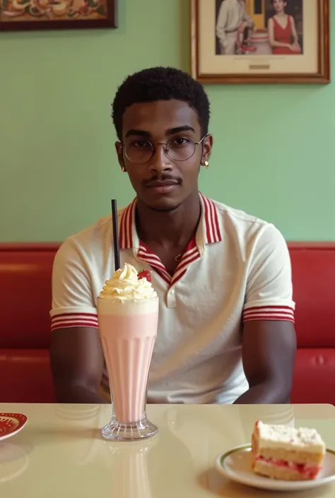 candid photo, shot by film, capture the nature moment, a beautiful young Malagasy man is seated in an old fashioned diner booth, he has a milk shake with a straw in front of her. Also on the table is strawberry cream cake and a napkin holder, 80s aesthetic