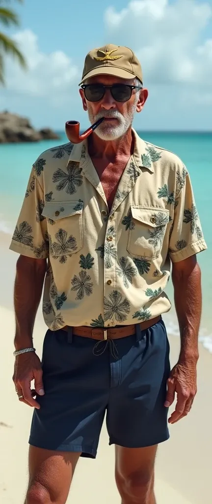 Photographic, super realism, looking sea,  Front view, American White man, standing pose, hold corn pipe ,smoking pipe,  full-body, on beach, in Philippine , 60-age, (black hair, short hair, serious, , Aviator sunglasses, pipe, Khaki peaked cap with a gold...