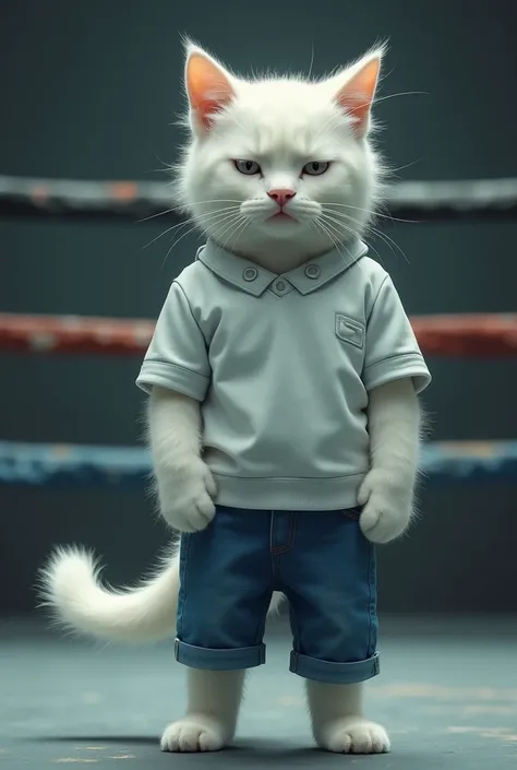 White cat standing on two legs AI cat white cat with clothes same like boy (white shirt and blue jeans) Scene 3: The Memory

Visual: Zoom in on the crying kitten’s face. Overlay a transparent flashback image of the defeated white cat, symbolizing the kitte...