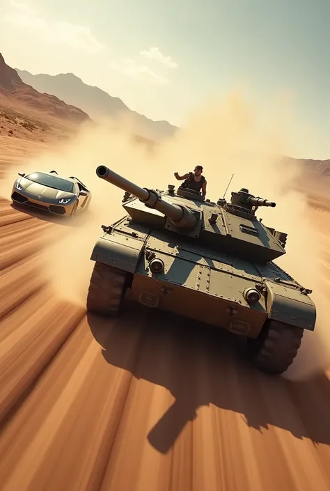 ### Requirement ### Draw a tank rushing at breakneck speed past a lamborghini ### Background ### Desert terrain, dust flying in the air created by the speed of the racing car, Tank in front of lamborghini half body, 2 people on the tank bent down because o...