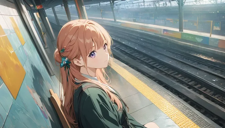 anime girl sitting on a bench in a subway station, anime aesthetic, anime asthetic, anime vibes, 4k anime wallpaper, anime wallpaper 4 k, anime wallpaper 4k, anime art wallpaper 4 k, anime art wallpaper 4k, anime art wallpaper 8 k, inspired by Liam Wong, a...