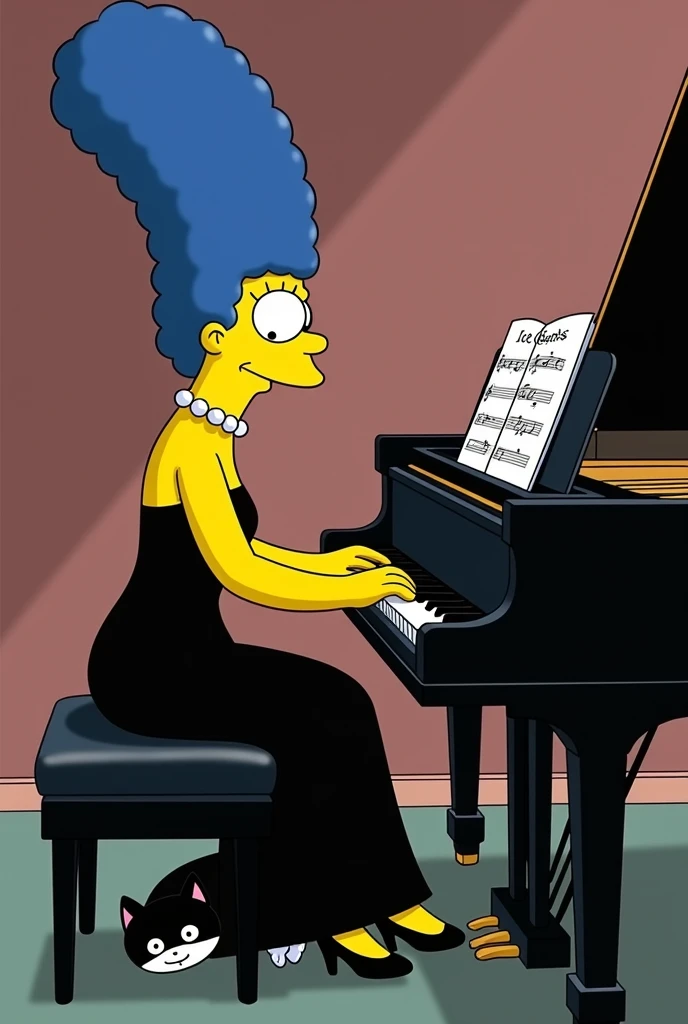 Marge Simpson , blue straight hair with black dress , playing the black grand piano , with a black and white cat under the piano bench , with the score of ice castles , side view 
