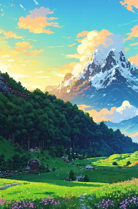 green mountain々a natural landscape with、please draw in pixel art style。blue sky spreads out、imagine a scene with white clouds fl...