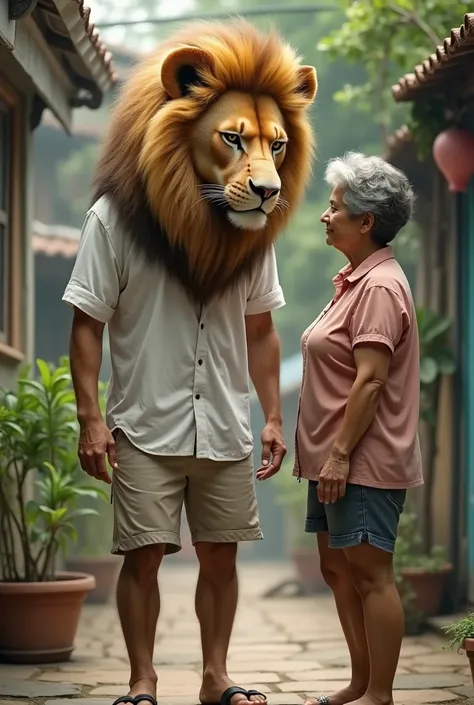 Create an image of a man with a lion&#39;s head, wearing a white shirt, shorts, talking to the aunt.