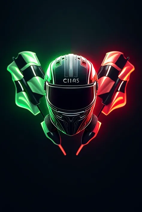 Create a cool logo for the name CiA$ with racing flags and a helmet in shiny metal look and with the colors neon green and red