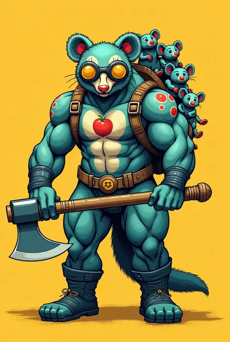 (masterpiece) Flat illustration in the style of American Traditional Tattoo. possum action figure, broad and muscular, fruit symbol on the chest, wielding a fruit-shaped axe, huge night lenses, big boots. on the back: a huge backpack with little possums. H...