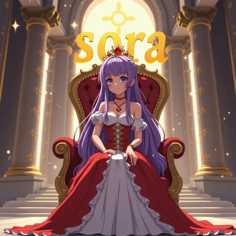 anime girl [2:3] sitting on the throne, with a madras yellow text "SORA" at her back , wearing red  and white pincess attire, and wearing necklace with a pendant named "Sora", in a kingdom background, Long Hair, Purple Hair, Bangs, 