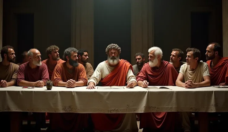 "An expansive landscape view captures a gathering of ancient Greek philosophers seated at a grand table, reminiscent of The Last Supper, but with Marcus Aurelius prominently positioned at the center.

**Details:**

- **Character Appearance:**
  - Marcus Au...