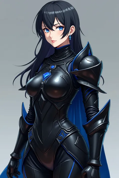 Anime girl with black hair and blue eyes wearing a full body black medieval armor with blue details and black cross earring, whole body is visible