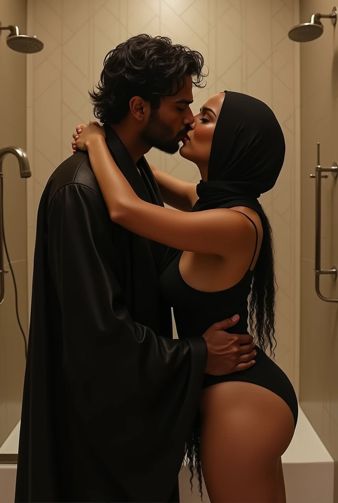 Kim Kardashian curvy busty with big booty flaunts curves in extremely skin tight black transparent hijab with tall dark indian hindu boy who wear saffron robes with forehead tika kissing on bathroom shower 