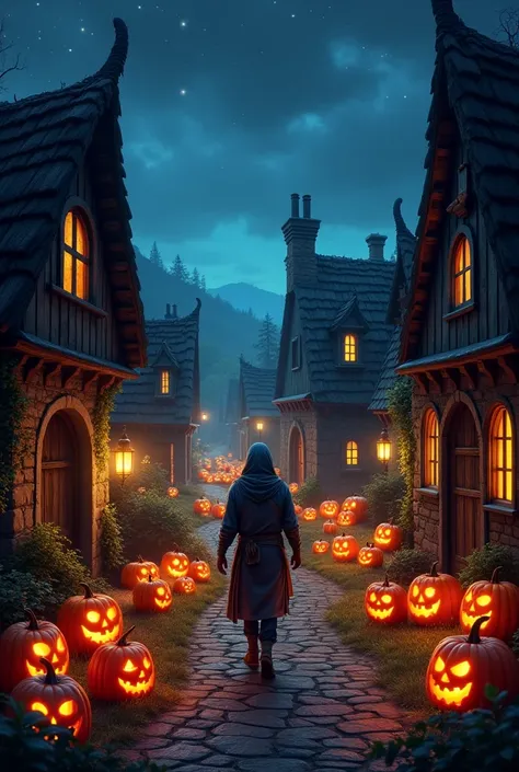 medieval village, Many Jack o lantern, night, take the key, 