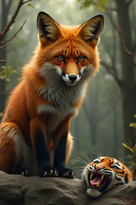 ((best quality)), ((masterpiece)), (detailed), perfect Fox Looking Down: "A fox standing at the edge of the pit, looking down at the trapped tiger with a satisfied expression."