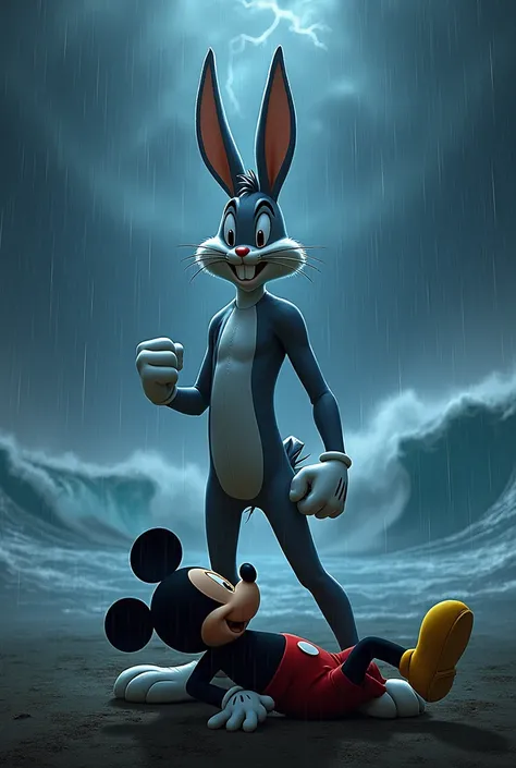 Movie poster of Bugs Bunny standing confidently, with his fists clenched and looking at Mickey Mouse, that is on the ground. The setting is an arena, at night and raining heavily, with a tsunami and lots of lightning. On the poster it says: Bugs Bunny - Th...