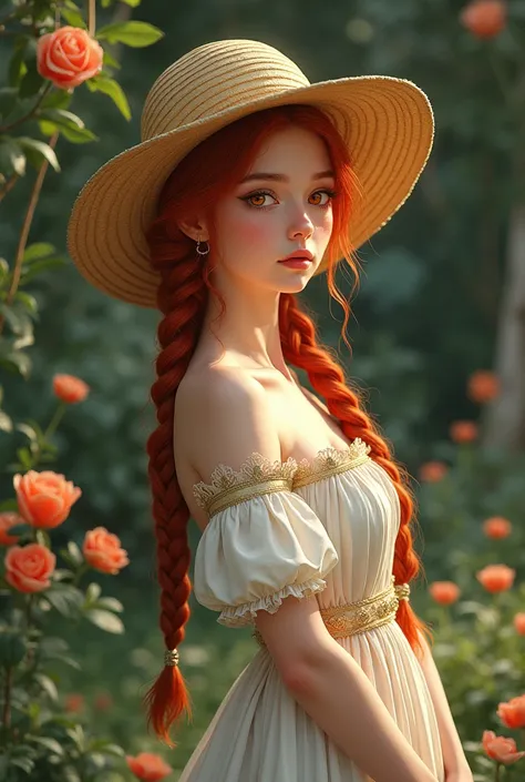 (masterpiece, best quality, High resolution: 1.4), detailed, intricate details, 4k, touch of color, Linear art, Fibonacci. Detail. adolescente slim, young, Long red hair, waist length hair two long braids, red eyes, smooth skin, white skin, slim, smiling, ...