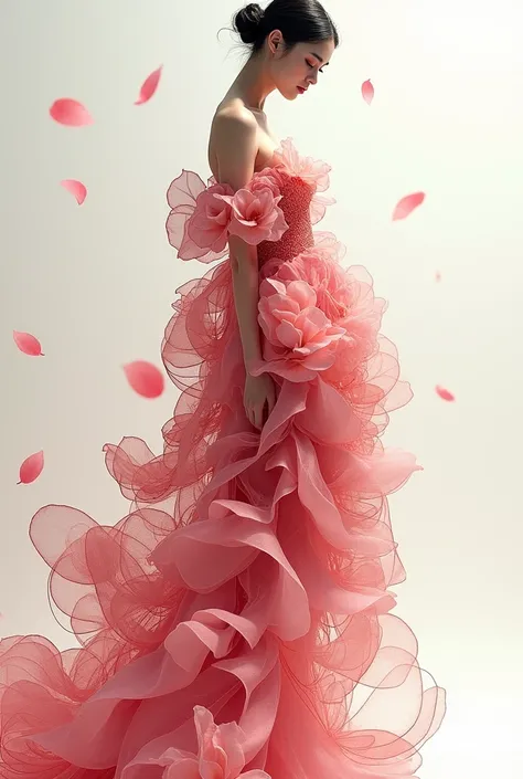 Create a image of rose dress with  petals as fashion illustration cover the half arms half full boady
I want an illustration which no designers have created yet own ai design 
Create one for me