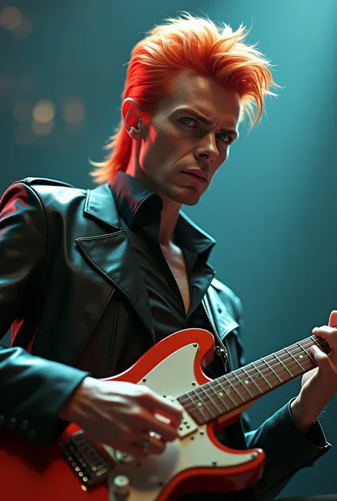 David Bowie is playing guitar in front of a crowd of people, David Bowie in the mosh it, he is a Rockstar, highly detailed spider - man, guitar concept art, portrait of David Bowie , futuristic style ss fan art, guitar solo---photorealistic, (best quality ...