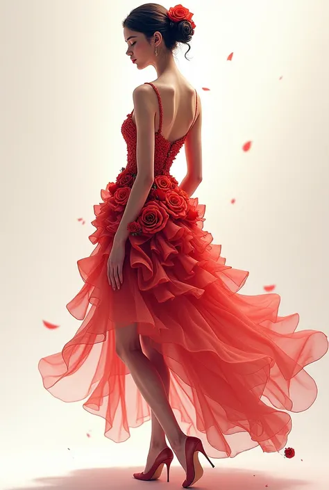 Create a image of rose dress with  petals as fashion illustration cover the half arms half full boady
I want an illustration which no designers have created yet own ai design 
Create one for me 100 own design 