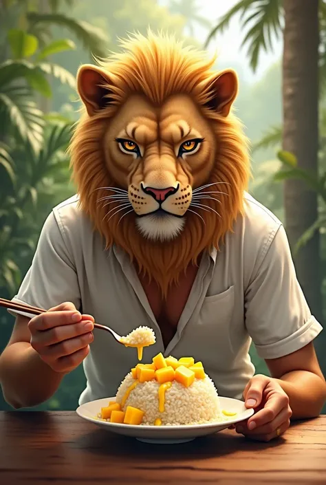 Create an image of a man with a lion&#39;s head, wearing a white shirt, shorts, and eating sticky rice with mango.