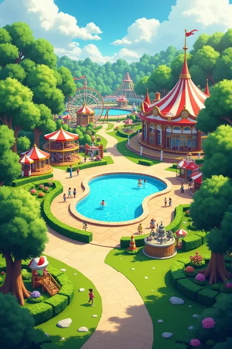 One park with rides and greeny grass and swimming pool