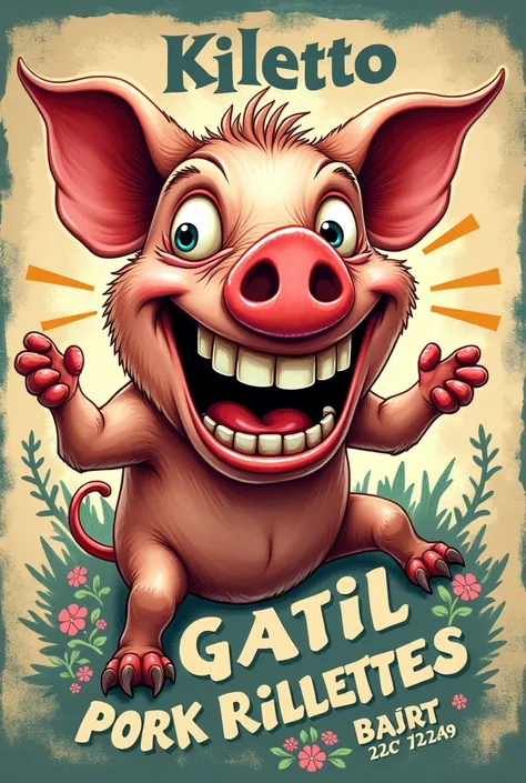 Funny French labels for pork rillettes with a crazy pig