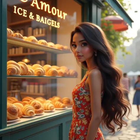 lovely cute young attractive indian girl, brown eyes, cute, an Instagram model, long blonde_hair, colorful hair, , Indian, wearing salwar-kameez and dupatta, background and pose Create an image of a young woman standing outside a cozy bakery, gazing at the...