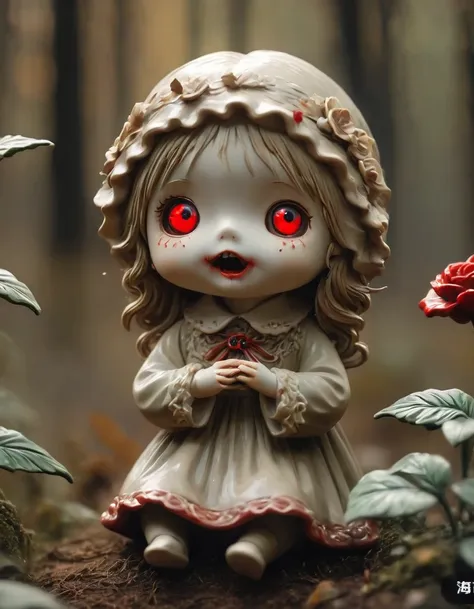 (masterpiece, best quality: 1.2),1 scary clay figurine，delicate red eyes,giggle，,(),，take a knife，low light，the forest,，horror a...