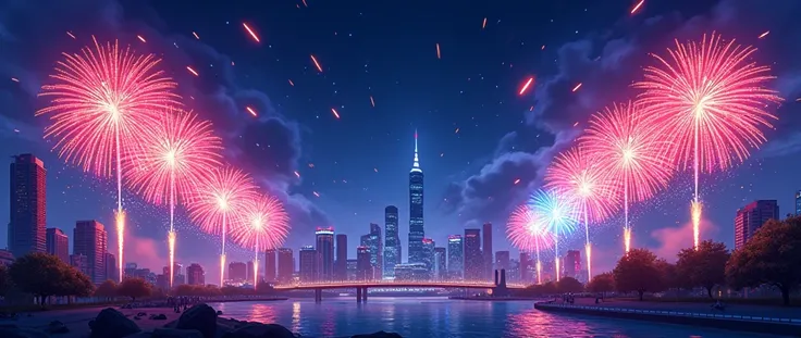 3d,cartoon style,45 degree angle view,Night view,[City,brilliant fireworks,national day,fireworks display,Fireworks of different colors,no characters,There is 101 building,Matenri,casino,dark blue,deep red