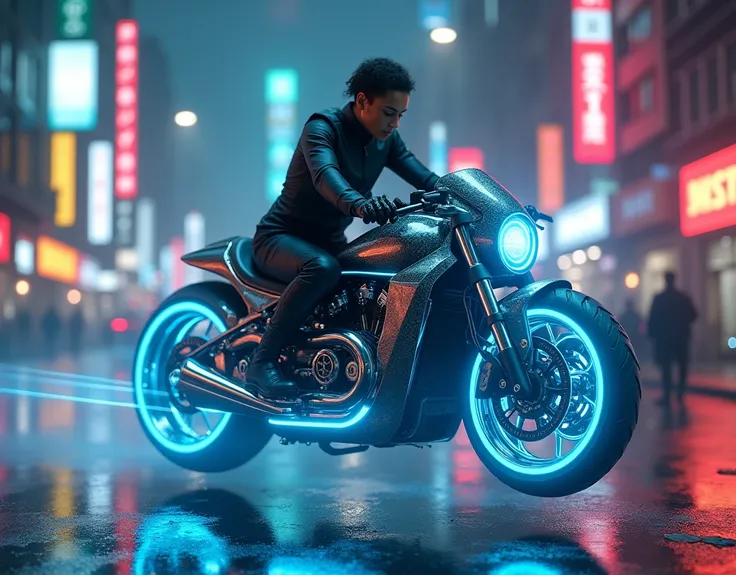 In a dystopian metropolis bathed in neon hues (LUMA), a hyperrealistic masterpiece unfolds as a mind-controlled motorcycle materializes before our eyes. The futuristic setting is drenched in an otherworldly glow, with the camera positioned at 2.8 degrees t...