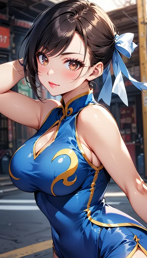 score_9, score_8_up, score_7_up, break, score_9, 1girl, chun-li,street fighter, black hair, brown eyes, eyelashes, short hair, b...