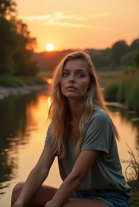 Create a realistic image of a 20 year old woman,
long blond hair, blue eyes, cheekbones, ((full body)),
from head to toe, full body. hyper realistic photo.
A young female model sitting on the banks of the Aude River, in casual clothing, admiring a beautifu...