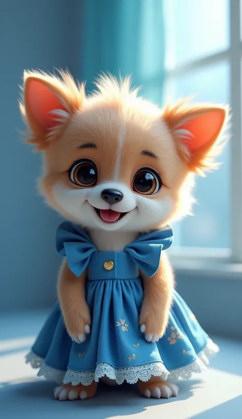 A extremely masterpiece 8k 3d animation image of a very cute baby dog baby wear a very beautiful  indigo summer full top dress and his eyes is scattering with glow and Indigo beautiful background 
