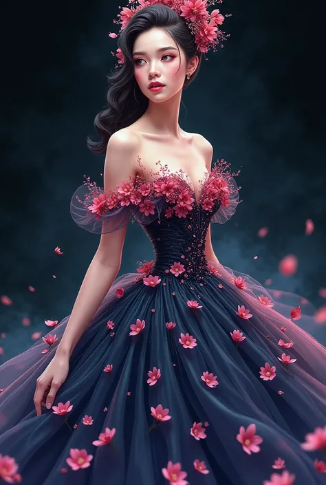 Create a image of night queen flower dress with  petals as fashion illustration cover the half arms half full boady
I want an illustration which no designers have created yet own ai design decent 
Create one for me 100 own design 