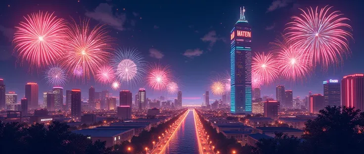 3d,cartoon style,45 degree angle view,Night view,[City,brilliant fireworks,national day,fireworks display,Fireworks of different colors,no characters,amusement park,There is 101 building,Matenri,casino,dark blue,deep red,No trees