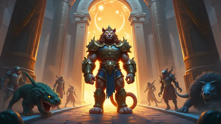 The humanoid lion stands in the main temple of the League of Legends, featuring a 2D game art style, mysterious temples, digital enhancements, map combinations, vivid action depictions, and unique monster illustrations     