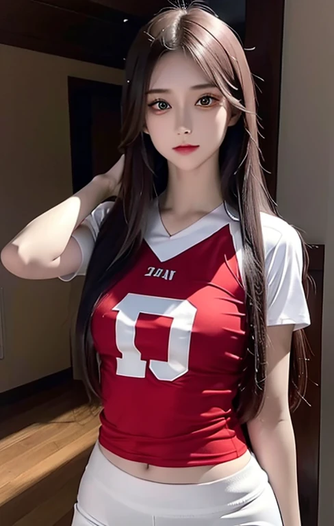 Woman with long hair straight, football jersey 84 in shirt, high detailed, realistic, ultra realistic, football skin t shirt and ((football short pant)), red green color shirt football skin shirt , ((red eyes)), tattoo arm, ((right arm tattoo)), tattoos ri...