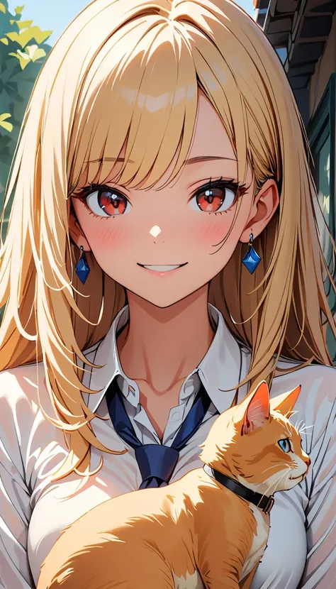 (Highest quality:1.2, Very detailed, High Detail, Coloring by numbers, High contrast, masterpiece:1.2, Highest quality, Best aesthetics), ((1 girl)), Blonde, Long straight hair, Red Eyes, earrings, Black necklace, Collared shirt, Blue tie, Smile, blush, Fa...