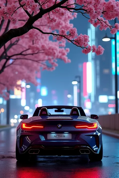 rear body of BMW Z4 under the cherry blossom tree in cyber punk city in the night