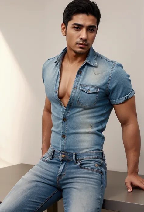 Handsome Latino man with jean shirt unbuttoned to chest and tight dress pants